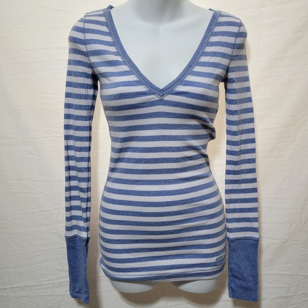 Ruehl 925 Abercrombie & Fitch Y2K V Neck Striped Top Size M Ribbed Blue White